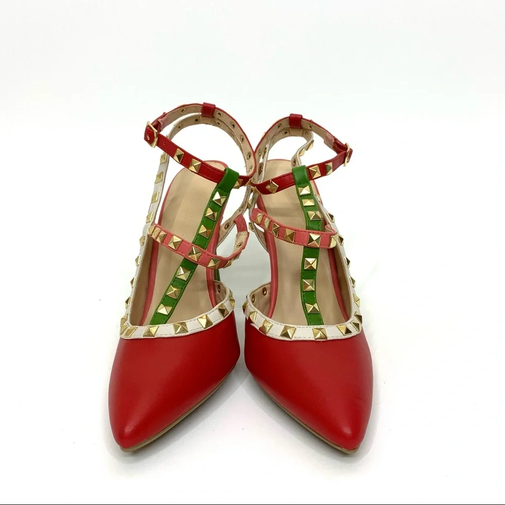 Wild Diva Lounge Red Pink Green White Colorblock Gold Studded T-Strap High Heels